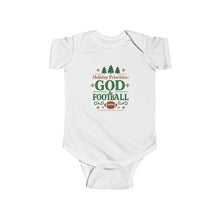 Load image into Gallery viewer, "Holiday Priorities: God & Football" Christmas Baby Onesie