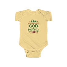 Load image into Gallery viewer, "Holiday Priorities: God & Football" Christmas Baby Onesie