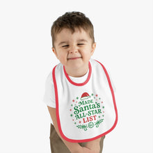 Load image into Gallery viewer, Christmas Baby Bib — "Made Santa’s All-Star List" Contrast Trim Infant Bib
