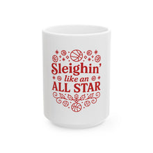 Load image into Gallery viewer, "Sleighin' Like an All Star" White Mug — Holiday Coffee Cup (11oz/15oz)