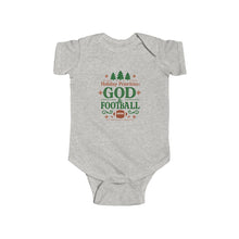 Load image into Gallery viewer, "Holiday Priorities: God & Football" Christmas Baby Onesie
