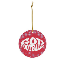 Load image into Gallery viewer, Red Frosted Round Ceramic God &amp; Football Ornament
