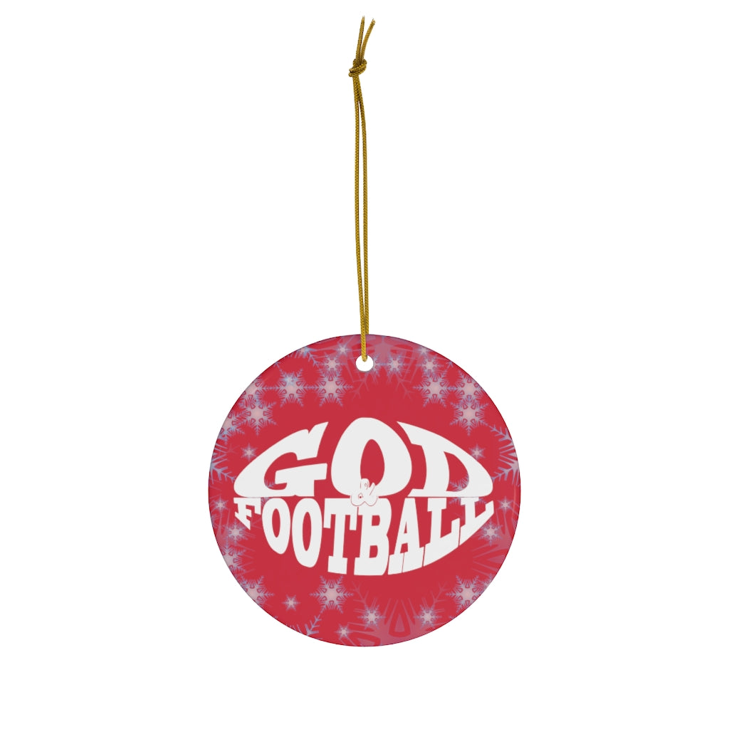 Red Frosted Round Ceramic God & Football Ornament