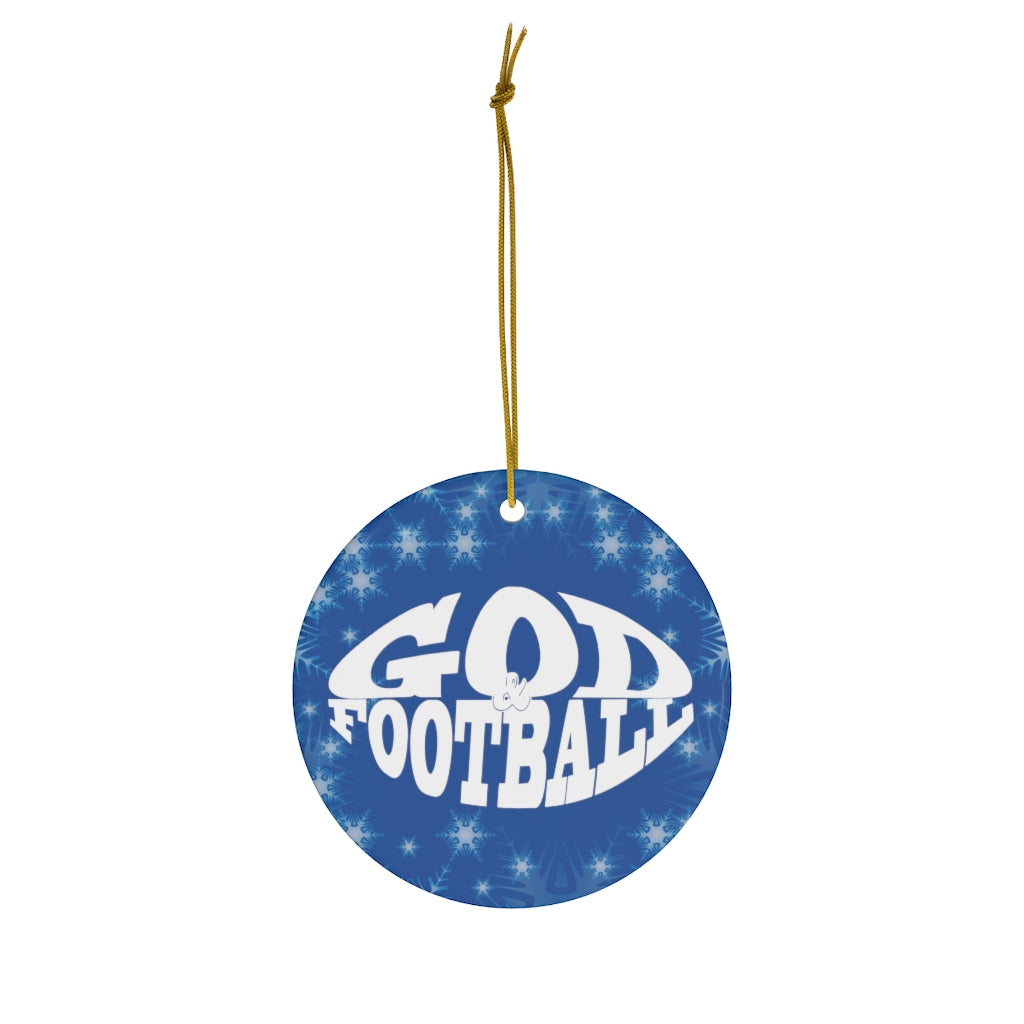 Blue Frosted Round Ceramic God & Football Ornament