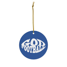 Load image into Gallery viewer, Blue Round Ceramic God &amp; Football Ornament
