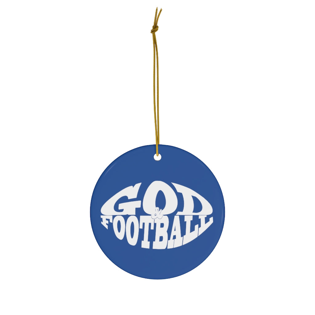 Blue Round Ceramic God & Football Ornament