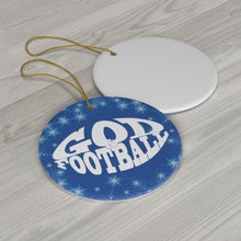 Load image into Gallery viewer, Blue Frosted Round Ceramic God &amp; Football Ornament
