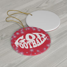 Load image into Gallery viewer, Red Frosted Round Ceramic God &amp; Football Ornament
