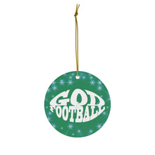 Load image into Gallery viewer, Green Frosted Round Ceramic God &amp; Football Ornament
