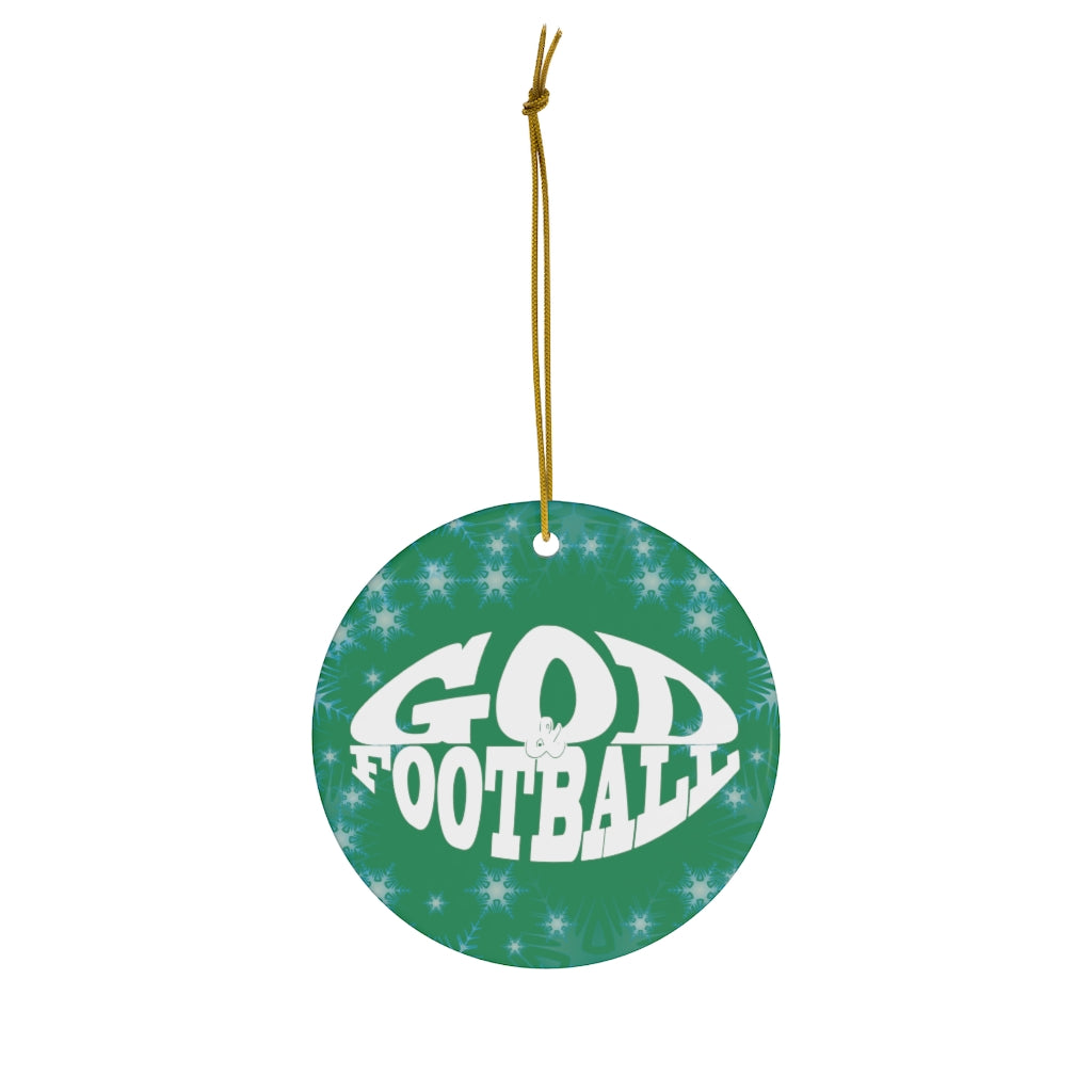 Green Frosted Round Ceramic God & Football Ornament