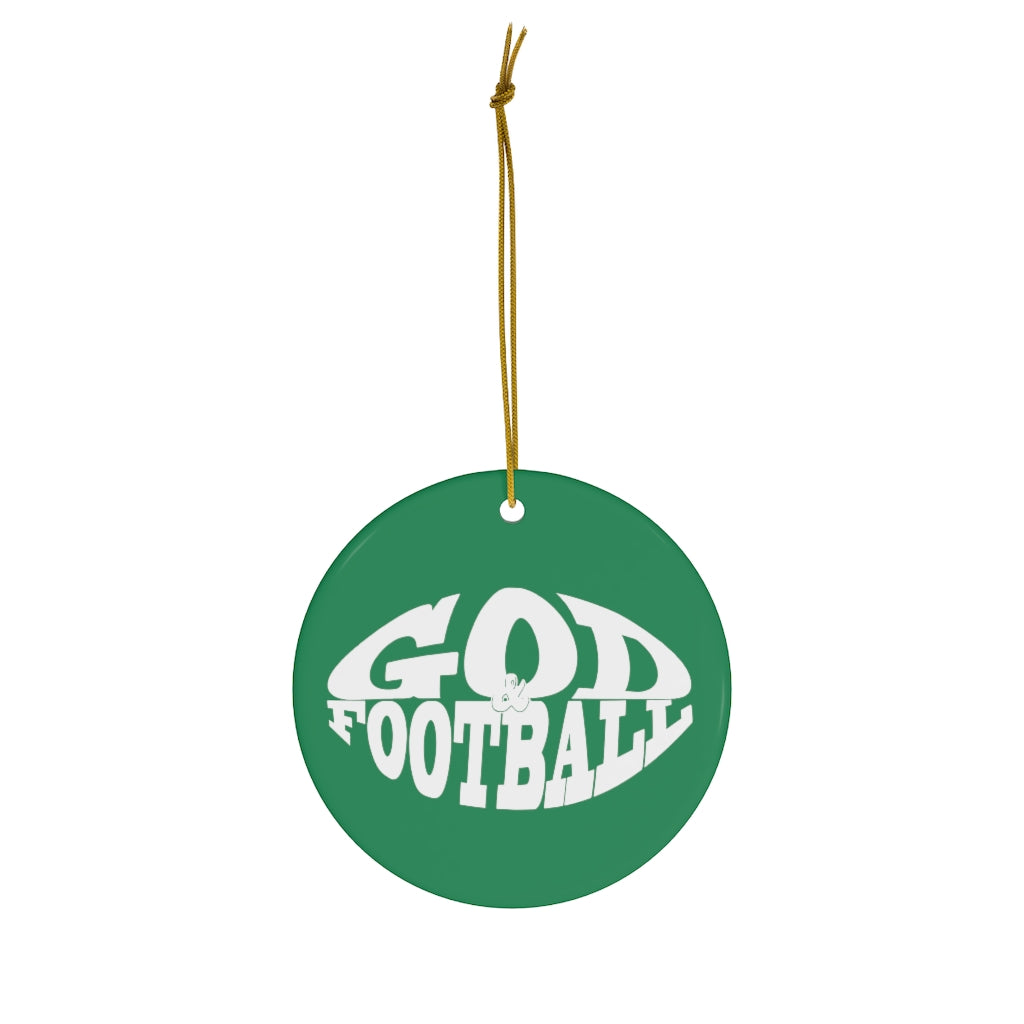 Green Round Ceramic God & Football Ornament