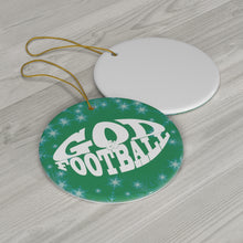 Load image into Gallery viewer, Green Frosted Round Ceramic God &amp; Football Ornament
