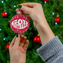 Load image into Gallery viewer, Red Frosted Round Ceramic God &amp; Football Ornament
